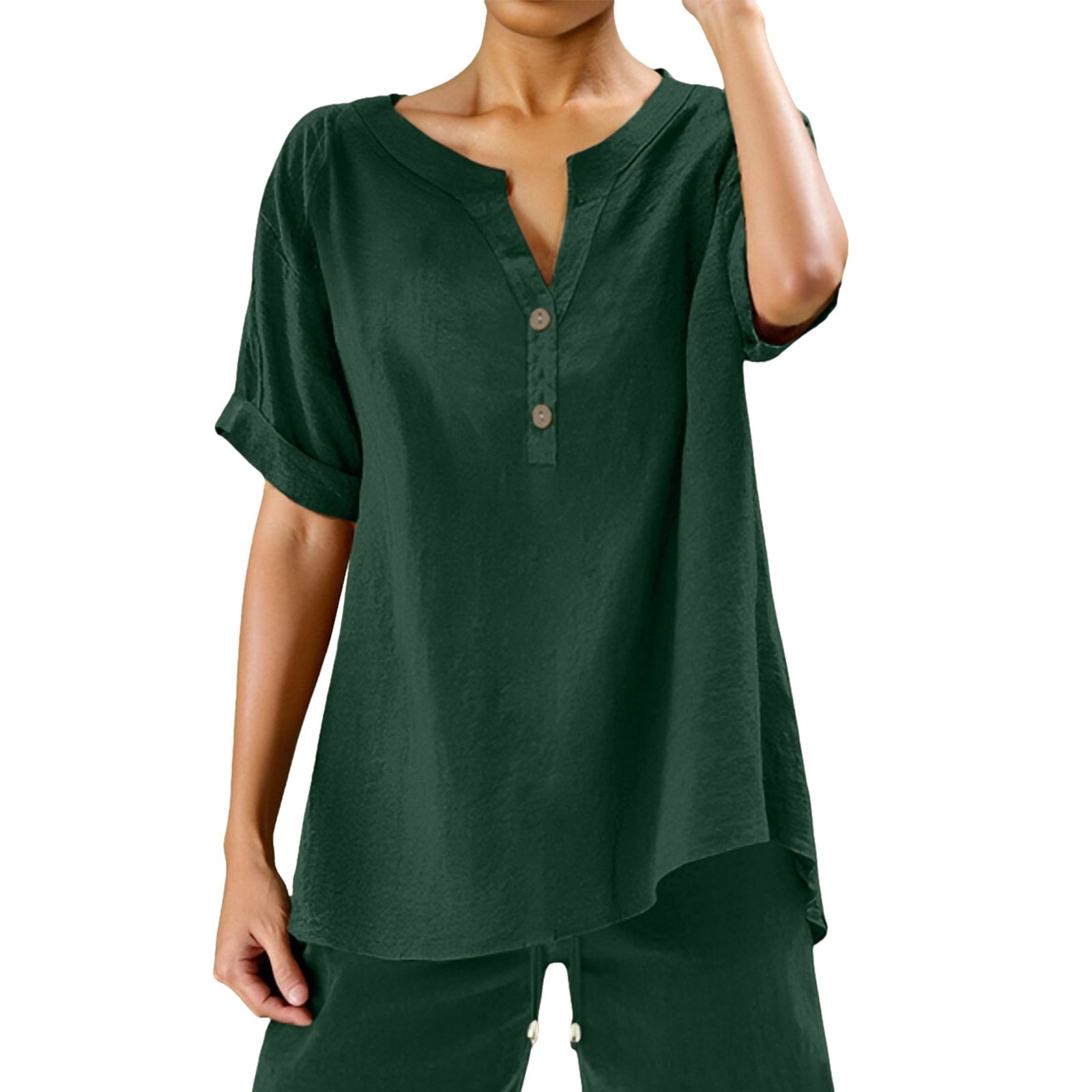 thumbnail image 1 of Blusa holgada con botones para mujer: manga corta, cuello en V, color liso, camisa informal para uso diario/trabajo, tallas S/XXXXXL., 1 of 2